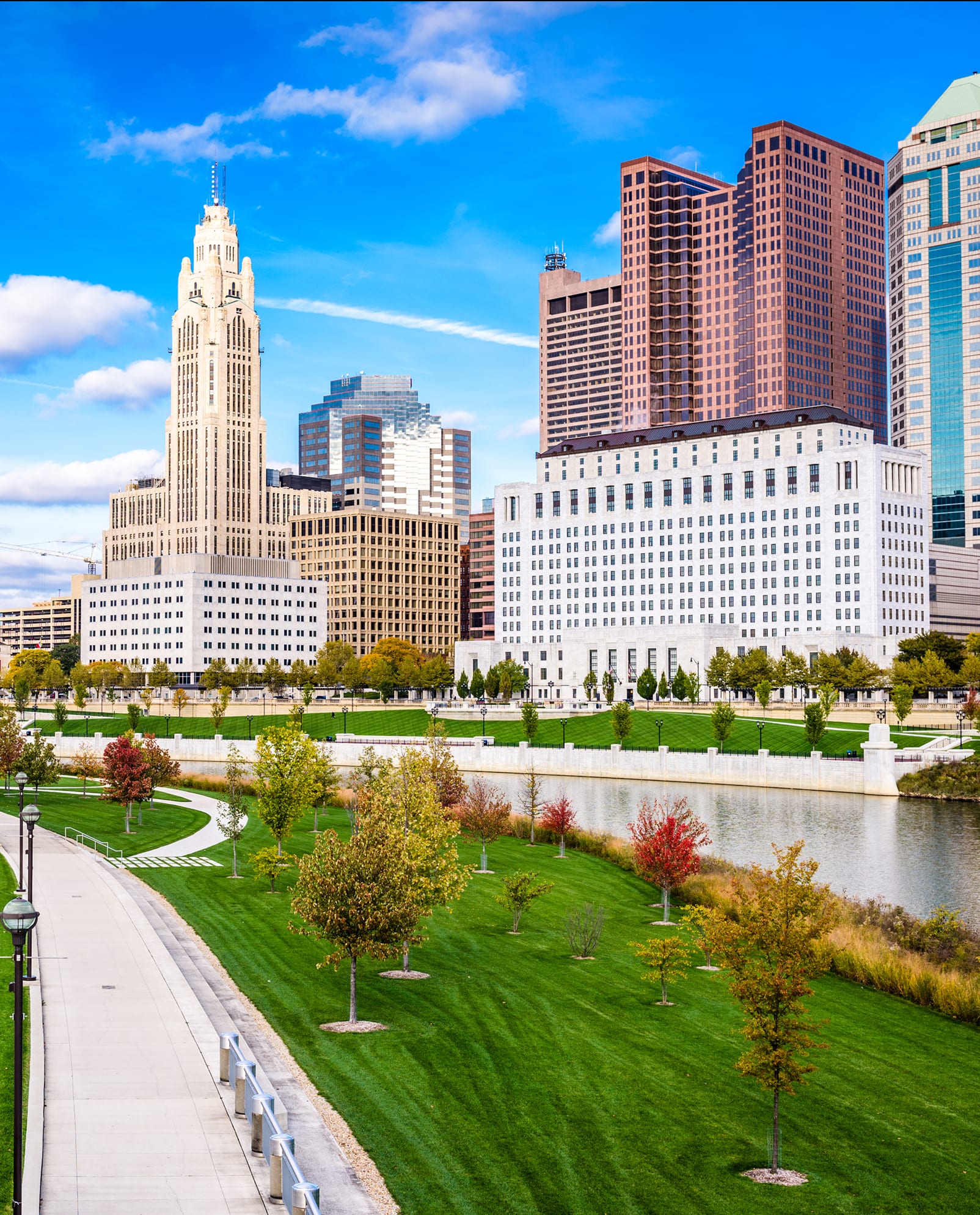Columbus riverfront park and downtown skyline — parks, schools, and the COTA bus line minutes from Cleve Royale Apartments